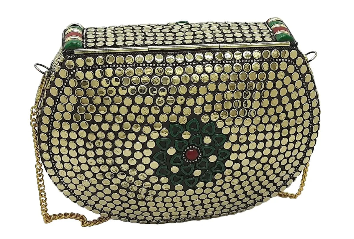 Acrylic Green Metal Ethnic Handbag for Women